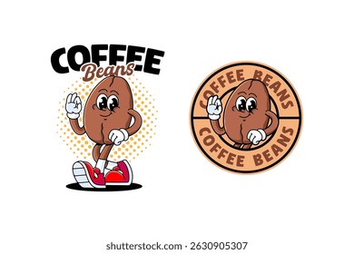 ilustração de mascote de personagem de desenho animado de feijão de café com pose de caminhada e mostrando a mão de cheque ok para cafeteria, mosteiro, restaurante, praça de alimentação, mascotes de cafés e mercadoria