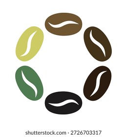 Níveis de torrefação de grão de café, ícone do círculo. Um grupo de feijões com ranhura central disposta numa formação circular. Isolado em um fundo branco.