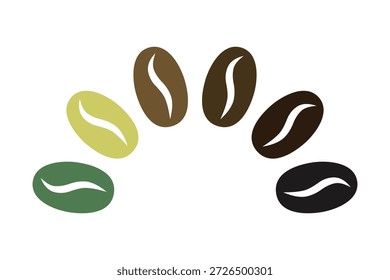 Níveis de torrefação de grão de café, ícone semicírculo. Um grupo de feijões com ranhura central disposta em semicírculo. Isolado em um fundo branco.
