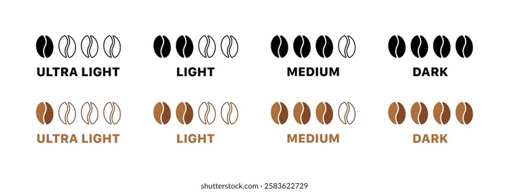 Coffee bean roast levels: ultra light, light, medium, dark. Vector icon