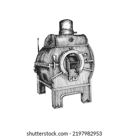 Coffee bean roaster machine, illustration in engraving style. Vintage hand drawing in vector.
