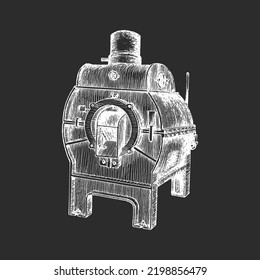 Máquina de tostadora de frijol, ilustración en estilo grabado. Dibujo manual vintage en vector.