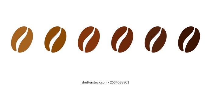 Coffee bean roasting degree color symbol set. Coffee frying level icon. Coffee strength scale sign. Different color bean illustration.