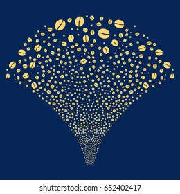 Coffee Bean salute stream. Vector illustration style is flat yellow iconic symbols on a blue background. Object stream fountain organized from random icons.