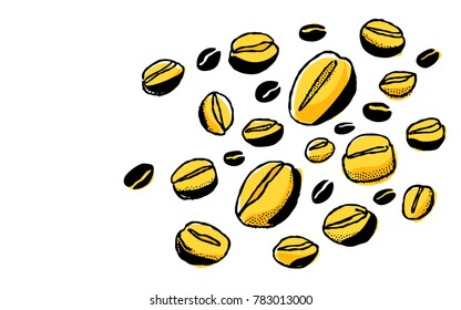 Coffee bean scattered. Cafe mural design in yellow and black color