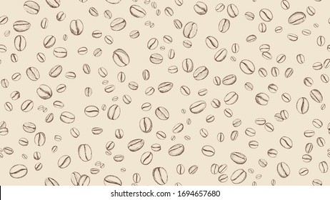 Coffee bean seamless  background. Pattern with falling coffee beans. Cafe morning coffee sketch backdrop