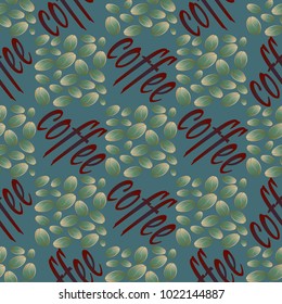 Coffee bean seamless pattern background. Illustration with text.