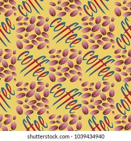 Coffee bean seamless pattern background. Illustration with text.