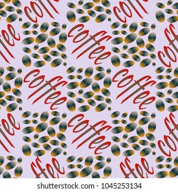 Coffee bean seamless pattern background. Illustration with text.