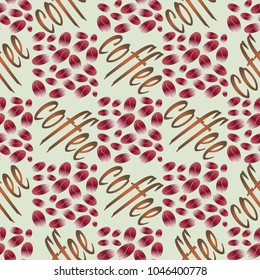 Coffee bean seamless pattern background. Illustration with text.