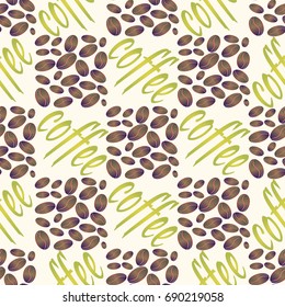 Coffee bean seamless pattern background. Illustration with text.