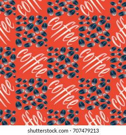 Coffee bean seamless pattern background. Illustration with text.