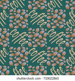 Coffee bean seamless pattern background. Illustration with text.