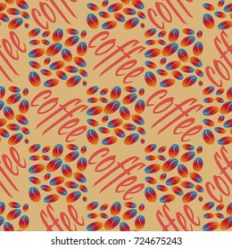 Coffee bean seamless pattern background. Illustration with text.