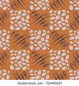 Coffee bean seamless pattern background. Illustration with text.