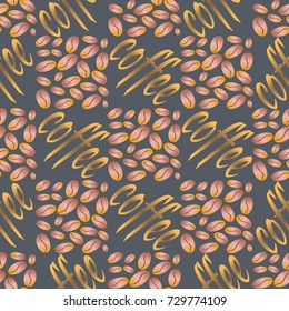 Coffee bean seamless pattern background. Illustration with text.