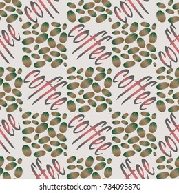 Coffee bean seamless pattern background. Illustration with text.