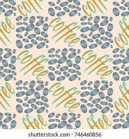 Coffee bean seamless pattern background. Illustration with text.