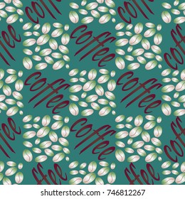 Coffee bean seamless pattern background. Illustration with text.