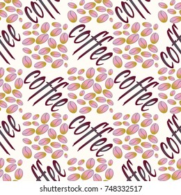 Coffee bean seamless pattern background. Illustration with text.