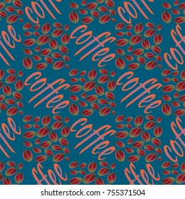 Coffee bean seamless pattern background. Illustration with text.