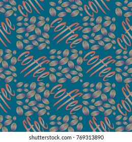 Coffee bean seamless pattern background. Illustration with text.