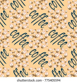 Coffee bean seamless pattern background. Illustration with text.