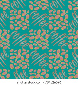 Coffee bean seamless pattern background. Illustration with text.