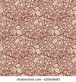 Coffee bean seamless pattern in brown color. Retro style. Hand drawn pattern. Vector illustration.