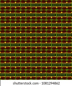 Coffee bean seamless pattern with ethnic motifs, rhombuses. Colorful vector background for cafe and restaurant menu design