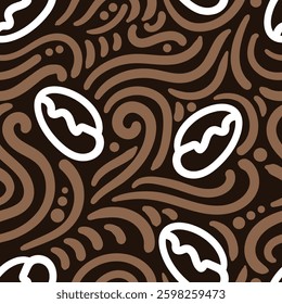 Coffee bean seamless pattern with hand drawn doodle. Brown doodle with white coffee bean seamless pattern.