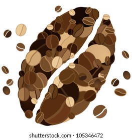 Coffee bean shape made from coffee beans. Vector background.