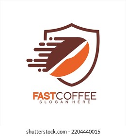 Coffee bean and shield design logo vector with fast concept.