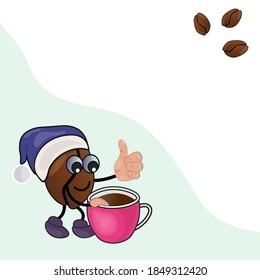 
Сute coffee bean showing thumbs up, drinking his coffee. 
For postcards, flyers.
Vector.