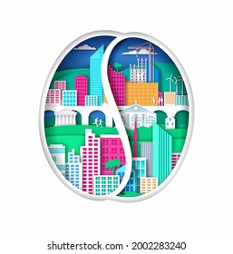 Coffee bean silhouette with modern eco friendly city elements, vector illustration in paper art style. Coffee takeaway.