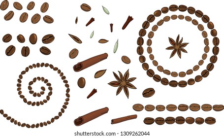  Coffee bean and spice set - different coffee types and cinnamon, cardamom, clove, anise star. With round borders, brush, spiral of coffee beans. Vector hand drawn illustration. Isolated.
