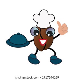 Coffee bean successful chef. Cute character with signature dish and thumb up. Isolated vector illustration for cafes and restaurants. Menu.