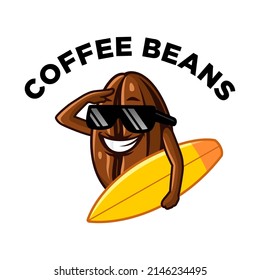 coffee bean with surf board , Design element for logo, poster, card, banner, emblem, t shirt. Vector illustration