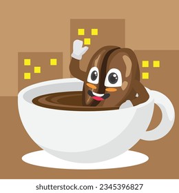 a coffee bean is taking bath in a big cup bath tub after work cartoon