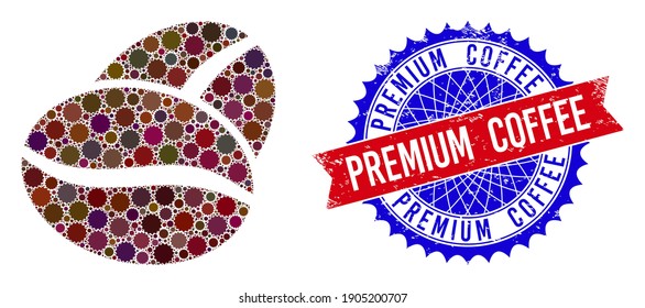 Coffee bean vector collage of sharp rosettes and PREMIUM COFFEE textured stamp. Bicolor PREMIUM COFFEE stamp seal uses rosette shape, red and blue colors.