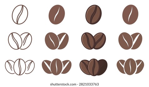 Coffee bean vector collection featuring roasted seed icons in multiple styles isolated on white background for cafes beverage branding menus packaging food graphics and creative design resources.