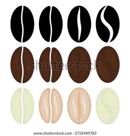 Coffee bean vector icon set. Roasted, raw, and black silhouette icons for cafe and branding, coffee shop logos, product packaging design, and educational infographics explaining the coffee roasting process