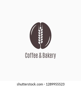 Coffee bean with wheat logo. Coffee and bakery vector on white background