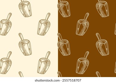 coffee bean wooden shovel doodle seamless pattern on brown white background for print on packaging, merchandise.  retro coffee shovel pattern background. pattern of coffee shovel vector background