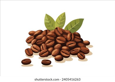 coffee beans with 3 leaves and white background