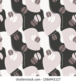 Coffee beans with abstract spots and lines background. Vector seamless pattern with earthy neutral colours.