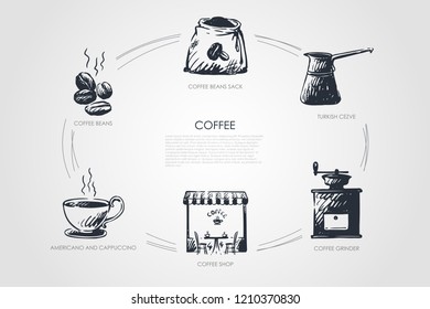 Coffee- beans, americano and cappucino, coffee shop, grinder, turkish cezve, bean sack vector concept set. Hand drawn sketch isolated illustration