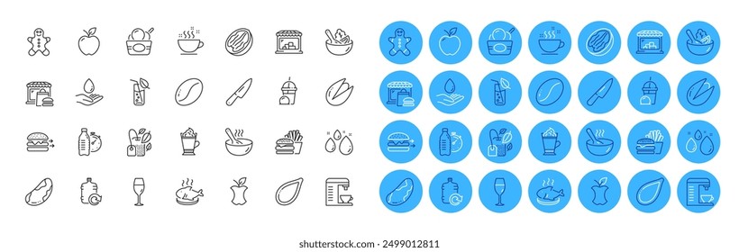 Coffee beans, Apple and Water glass line icons pack. Coffee machine, Water care, Mint bag web icon. Ice cream, Food market, Pumpkin seed pictogram. Brazil nut, Salad, Organic waste. Vector