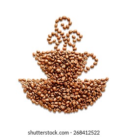 Coffee beans are arrange in a shape of a cup of hot coffee.