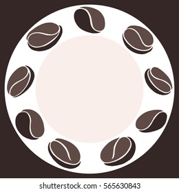 Coffee beans arranged in a circle with beige middle and dark brown trim. Stock color illustration for greeting cards, printing, design. Free space in the middle for an inscription.